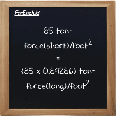 How to convert ton-force(short)/foot<sup>2</sup> to ton-force(long)/foot<sup>2</sup>: 85 ton-force(short)/foot<sup>2</sup> (tf/ft<sup>2</sup>) is equivalent to 85 times 0.89286 ton-force(long)/foot<sup>2</sup> (LT f/ft<sup>2</sup>)